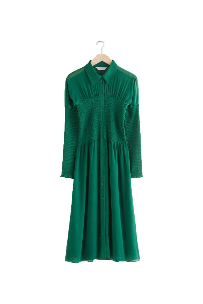 & Other Stories Smocked Button Up Midi Dress