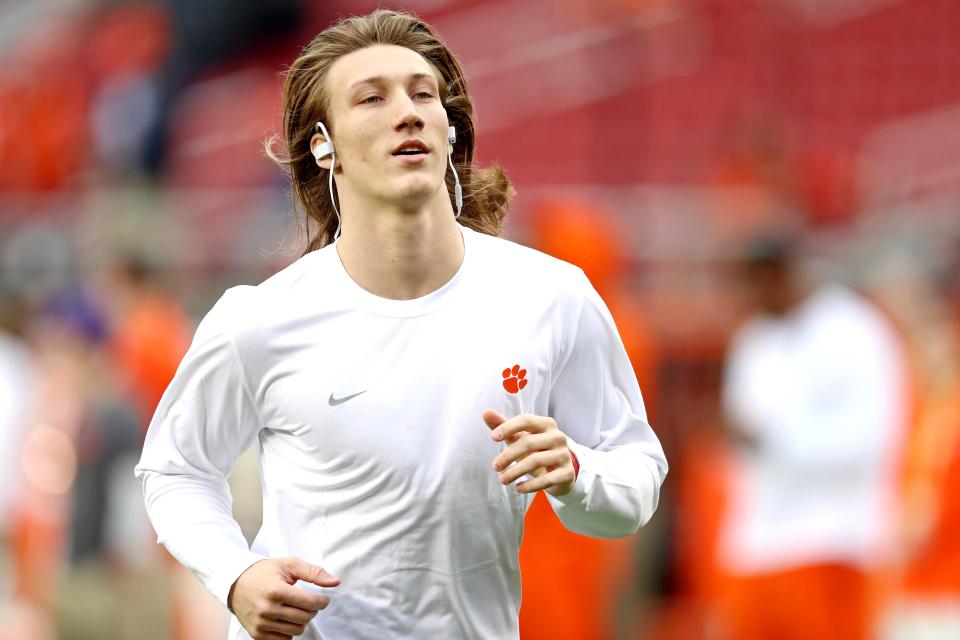 Clemson Tigers quarterback Trevor Lawrence (16) warms up before the 2019 College Football Playoff Championship game against the Alabama Crimson Tide. (Matthew Emmons/USA TODAY)