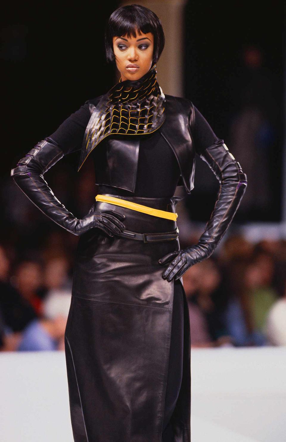 <p>Banks looked absolutely fierce rocking a cropped black bob and leather dress by Claude Montana in 1993. </p>