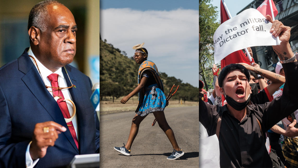 Three side by side photos of: a man in a suit, someone walking in the street near a row of trees, and what appears to be a protest with someone holding a sign that reads: May the military dictator fall.