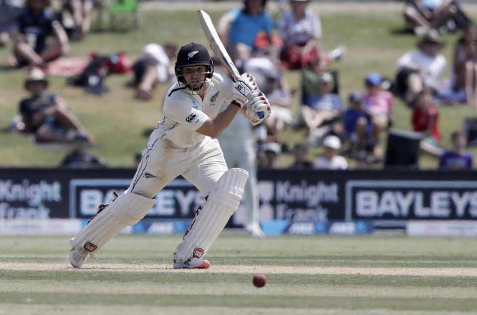 New Zealand's BJ Watling bats during play on day four of the first cricket test between England and New Zealand at Bay Oval in Mount Maunganui, New Zealand, Sunday, Nov. 24, 2019. (AP Photo/Mark Baker)