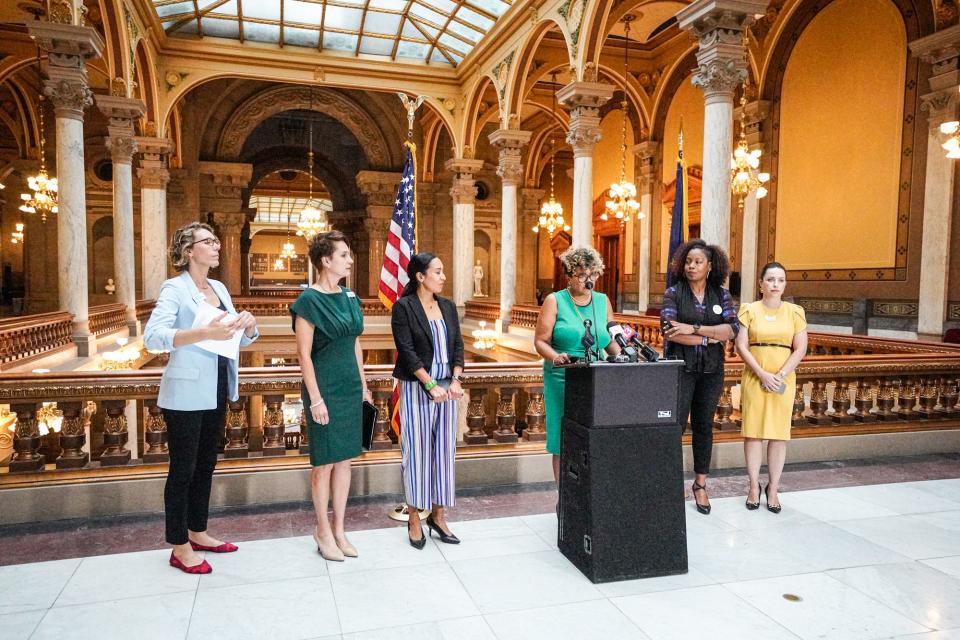 Indiana Democrats hold a press conference addressing SB1, Indiana's near-total abortion ban on the 4th floor of the Indiana Statehouse on Tuesday, Aug. 9, 2022, in Indianapolis. From left, Jessica McClellan (Candidate for State Treasurer), Jocelyn Vare (Candidate for Indiana Senate - District 31), Victoria Garcia Wilburn (Candidate for Indiana House - District 32)Myla Eldridge, Marion County Clerk, ZeNai Brooks (Candidate for State Auditor), Victoria Garcia Wilburn (Candidate for Indiana House - District 32) and Destiny Wells (Candidate for Secretary of State). 