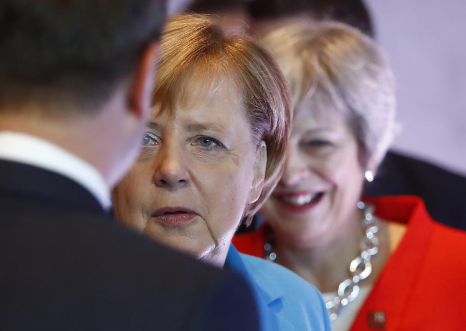 <p>German Chancellor Angela Merkel, left, and British Prime Minister Theresa May wait for the beginning of the plenary session of the informal EU summit in Salzburg, Austria, Thursday, September 20, 2018. (AP Photo/Matthias Schrader) </p>