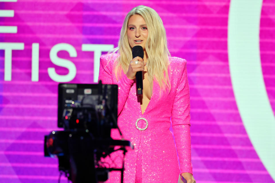 LOS ANGELES, CALIFORNIA - NOVEMBER 20: Meghan Trainor speaks onstage during the 2022 American Music Awards at Microsoft Theater on November 20, 2022 in Los Angeles, California. (Photo by Matt Winkelmeyer/Getty Images for dcp)