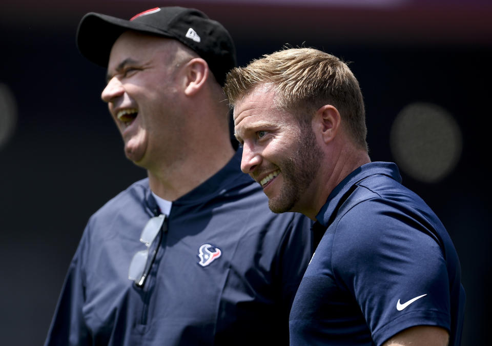 Teams are desperate to clone Los Angeles Rams head coach Sean McVay (right), shown here with Houston Texans head coach Bill O’Brien. (AP)