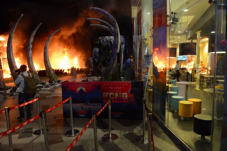Fire rages at<em> Kong: Skull Island</em> premiere in Vietnam. (Photo: AFP)