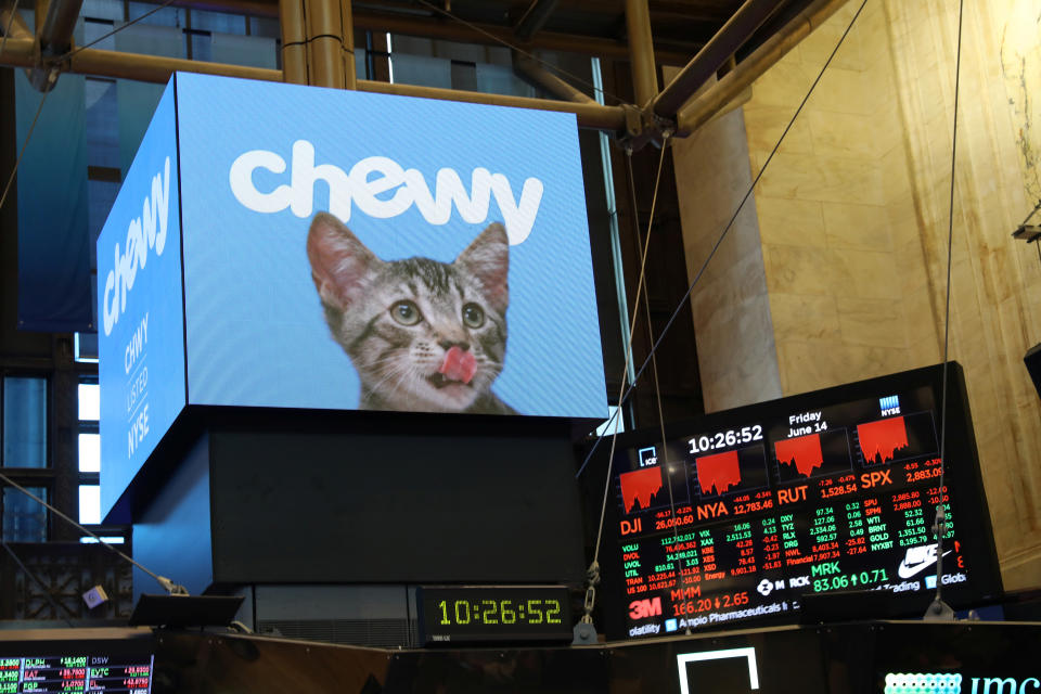 Logos for Chewy Inc. are displayed on the trading floor on the morning of the company's initial public offering on the New York Stock Exchange (NYSE) in New York City, U.S., June 14, 2019. REUTERS/Andrew Kelly