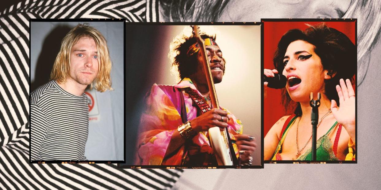 a collage of kurt cobain jimi hendrix and amy winehouse who all died at the age of 27
