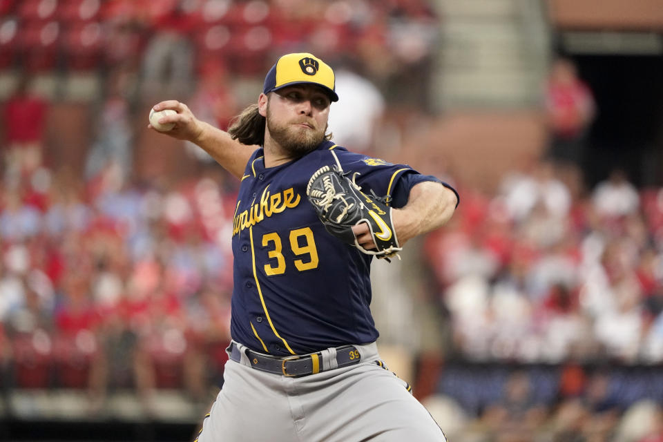 Milwaukee Brewers starting pitcher Corbin Burnes throws during the fifth inning of a baseball game against the St. Louis Cardinals Saturday, Aug. 13, 2022, in St. Louis. (AP Photo/Jeff Roberson)