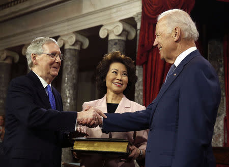 U.S. Senate Majority Leader Mitch McConnell (L) shakes hands, after he ceremonially swore-in, with Vice President Joseph Biden (R) in the Old Senate Chamber on Capitol Hill in Washington January 6, 2015. REUTERS/Larry Downing