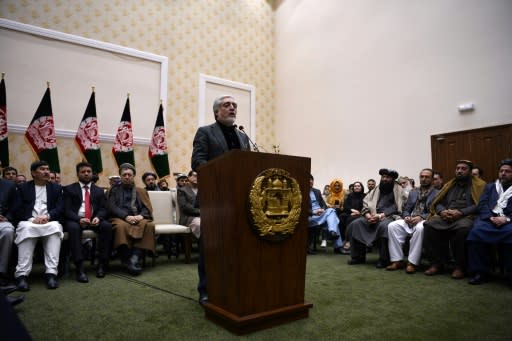 Abdullah Abdullah speaks at a press conference in Kabul after preliminary results showed that he had lost his challenge to unseat Ashraf Ghani in Afghanistan's presidential election -- an outcome Abdullah contested