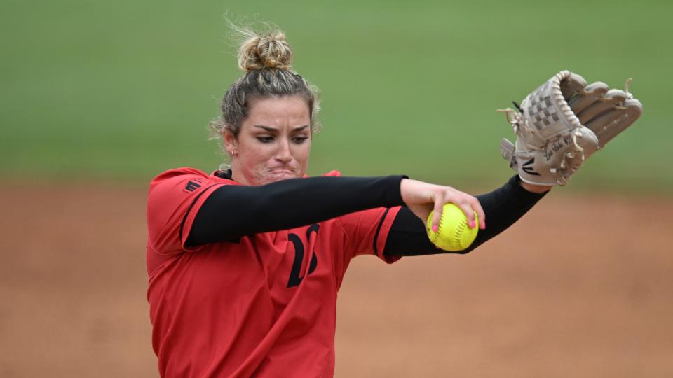 San Diego State's Maggie Balint plays during an NCAA softball game against Nevada on Sunday, April 3, 2022, in San Diego. (AP Photo/Denis Poroy)