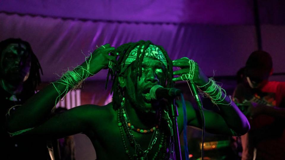 The singer of the black metal band Chovu performs during the Undertow concert held in Nairobi on March 16, 2024.