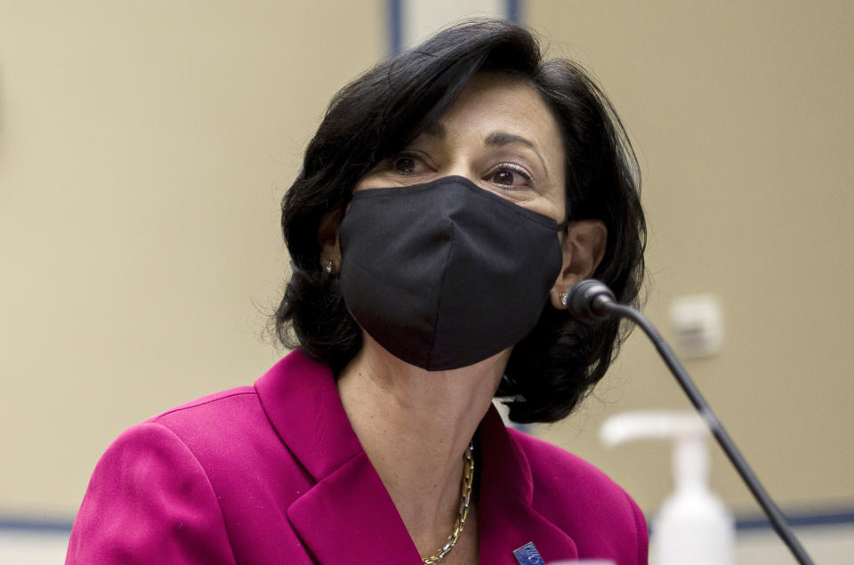 Dr. Rochelle Walensky, director of the CDC speaks on the coronavirus crisis in Washington, Thursday, April 15, 2021. (Amr Alfiky/The New York Times via AP, Pool)