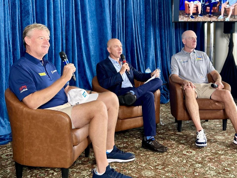 Ernie Els (left), World Champions Cup executive director Jason Langwell (center) and Jim Furyk (right) appear at a news conference on Oct. 3 at the Timuquana Country Club to lay out the details of the international match-play event Dec. 7-10 at The Concession, in Bradenton.