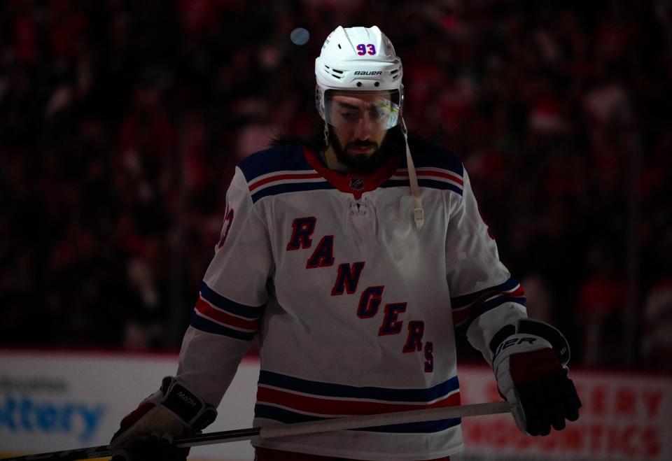 May 16, 2024; Raleigh, North Carolina, USA; New York Rangers center Mika Zibanejad (93) looks on \before the game against the Carolina Hurricanes in game six of the second round of the 2024 Stanley Cup Playoffs at PNC Arena.