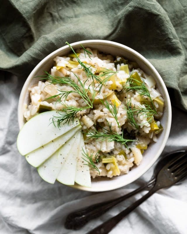 <p>Not Hangry Anymore</p><p>This Apple and Leek Risotto makes a delicious weeknight dinner. It’s creamy and sweet from the apples yet savoury thanks to the leek and onion.</p><p><strong>Get the recipe: <a href="https://www.nothangryanymore.com/apple-and-leek-risotto/" rel="nofollow noopener" target="_blank" data-ylk="slk:Apple and Leek Risotto;elm:context_link;itc:0;sec:content-canvas" class="link rapid-noclick-resp"><em>Apple and Leek Risotto</em></a></strong></p>