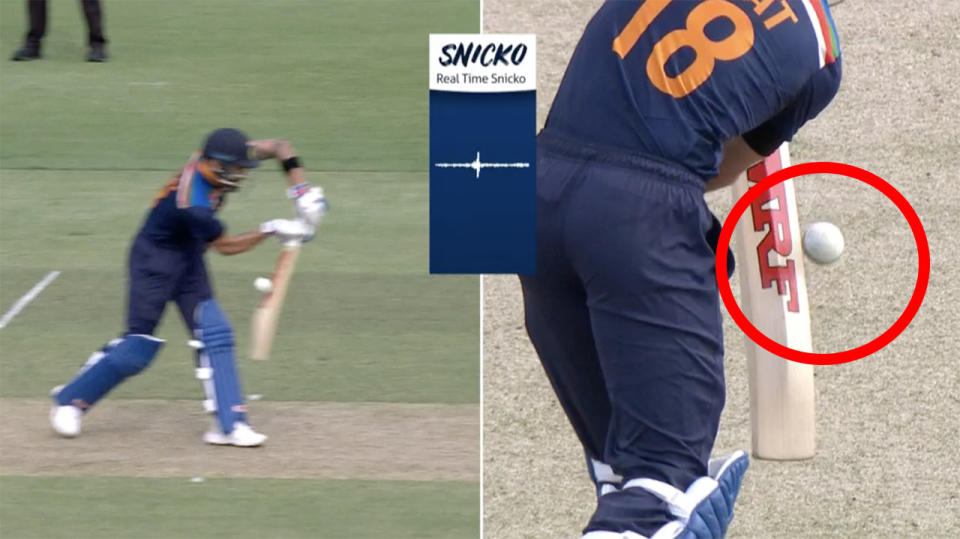 Virat Kohli was dismissed after a review from Australian captain Aaron Finch revealed the slightest hint of an outside edge on the snickometer. Picture: Fox Sports