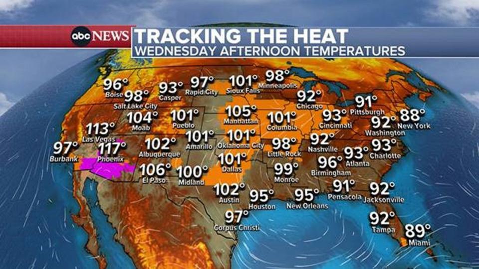 PHOTO: Temperatures are forecast to be near, at or above 100 degrees Fahrenheit in cities like Minneapolis, Minnesota; Sioux Falls, South Dakota; and Manhattan, Kansas, on July 26, 2023. (ABC News)