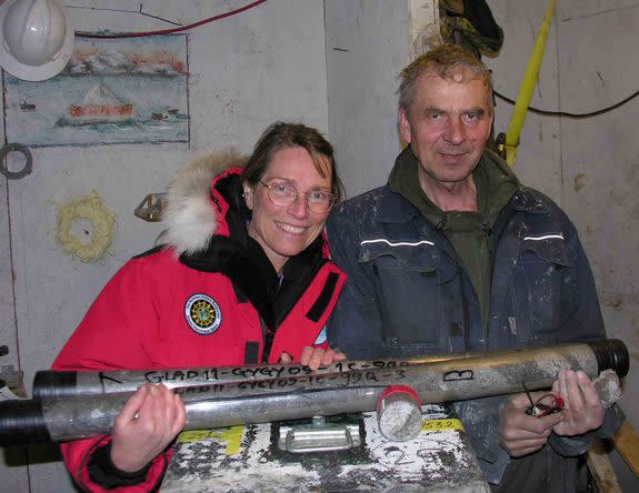 Study co-authors Julie Brigham-Grette and Pavel Minyuk collect sediment cores from Lake El'gygytgyn in the northeast Russian Arctic. These samples help scientists better understand the Arctic's climate history, dating from 2.2 million to 3.6 mi