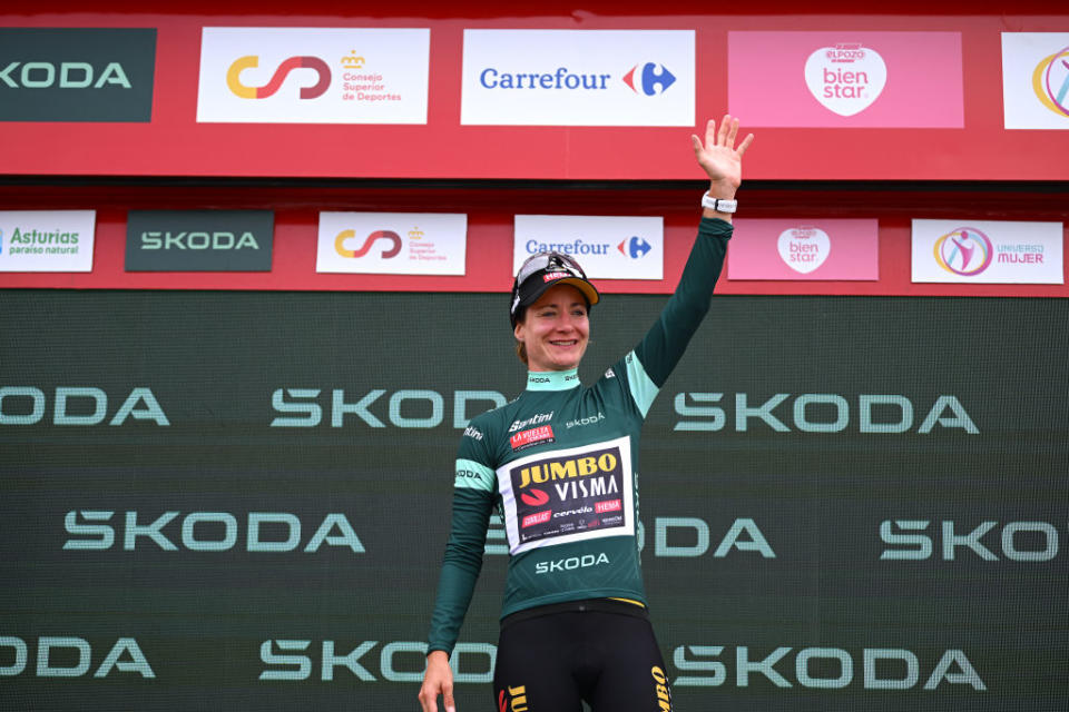 MIRADOR DE PEAS LLANAS SPAIN  MAY 05 Marianne Vos of The Netherlands and Team JumboVisma celebrates at podium as Green points jersey winner during the 9th La Vuelta Femenina 2023 Stage 5 a 1292km stage from La Cabrera to Mirador de Peas Llanas 1479m  UCIWWT  on May 05 2023 in Mirador de Peas Llanas Spain Photo by Dario BelingheriGetty Images