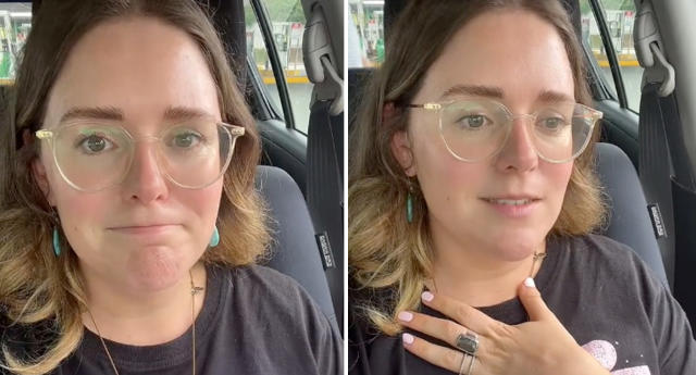 Two photos of a British woman living in the Sunshine Coast talking about how her car broke down on the highway and how a mechanic family helped her out.