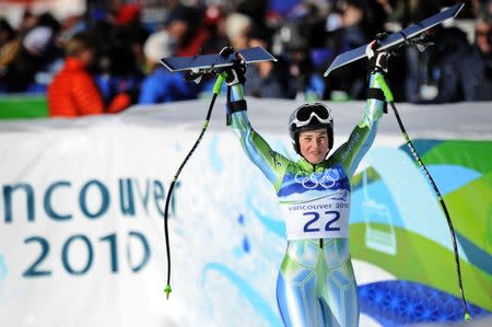 Feb 20, 2010 - Whistler, British Columbia, Canada - Slovenia's TINA MAZE celebrates her silver medal run in the Women's Alpine Skiing Super-G downhill at the 2010 Winter Olympic in Vancouver, British Columbia. (Credit Image: © Jed Conklin/ZUMA Press)