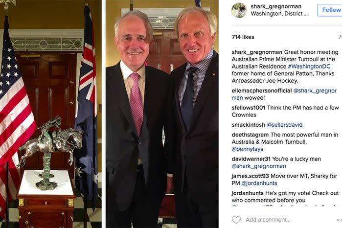 Greg Norman posted a picture to his Instagram several weeks ago revealing he had dinner with Malcolm Turnbull. Image: Instagram