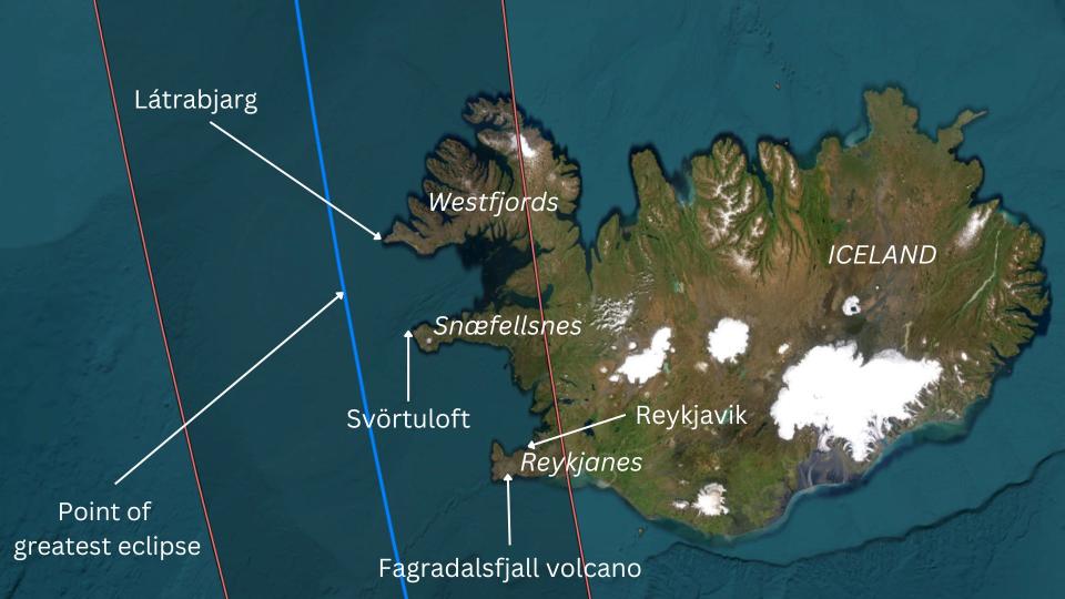 Map of Iceland and the path of the total solar eclipse.