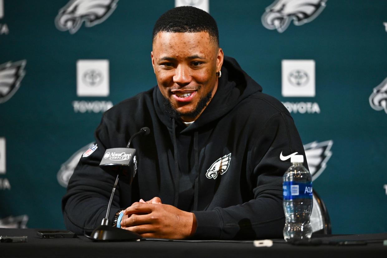 Philadelphia Eagles running back Saquon Barkley speaks during a press conference after signing with the team.