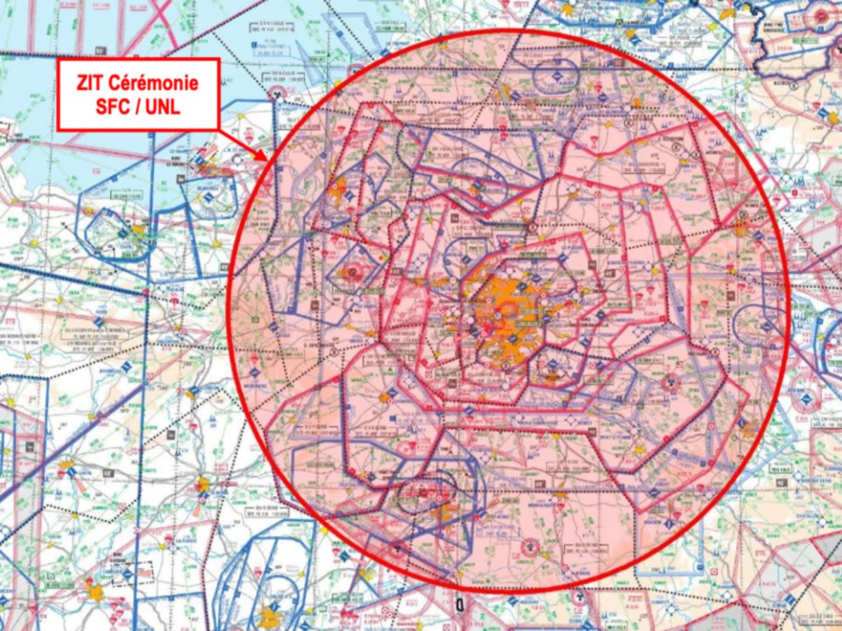 No go: The 28,922 square mile patch of airspace from which all passenger planes will be excluded during the opening ceremony (DGAC)