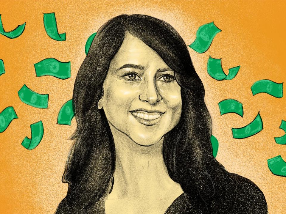 illustration of Mackenzie Scott on an orange background with money floating behind her