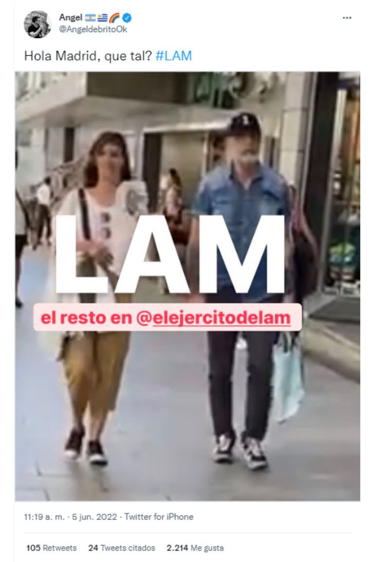 El tuit de Ángel de Brito con la imagen de Jorge Rial y Josefina Pouso caminando juntos por Madrid