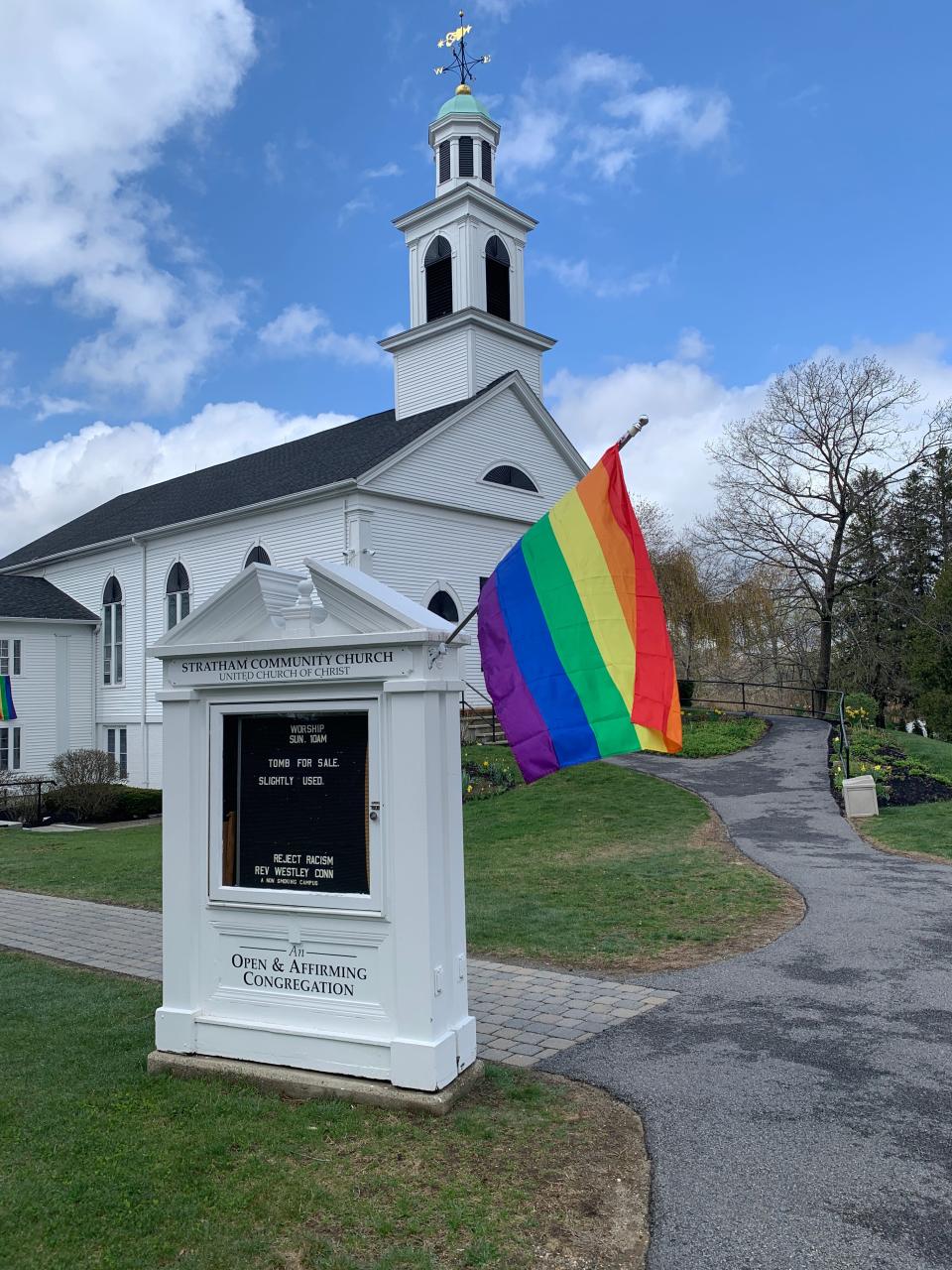The Stratham Community Church recently raised a new larger pride flag in front of the church after its two previous flags were stolen.
