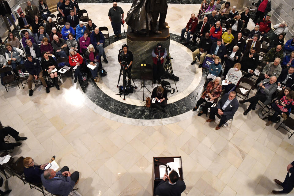 Members of the Faith and Family advocacy group, a pro life organization, hold a rally in the rotunda of the Kentucky State Capitol in Frankfort, Ky., Thursday, Feb. 16, 2023. The Kentucky Supreme Court on Thursday refused to allow abortions to resume in the state, rejecting a request to halt a near total ban of the procedure. (AP Photo/Timothy D. Easley)