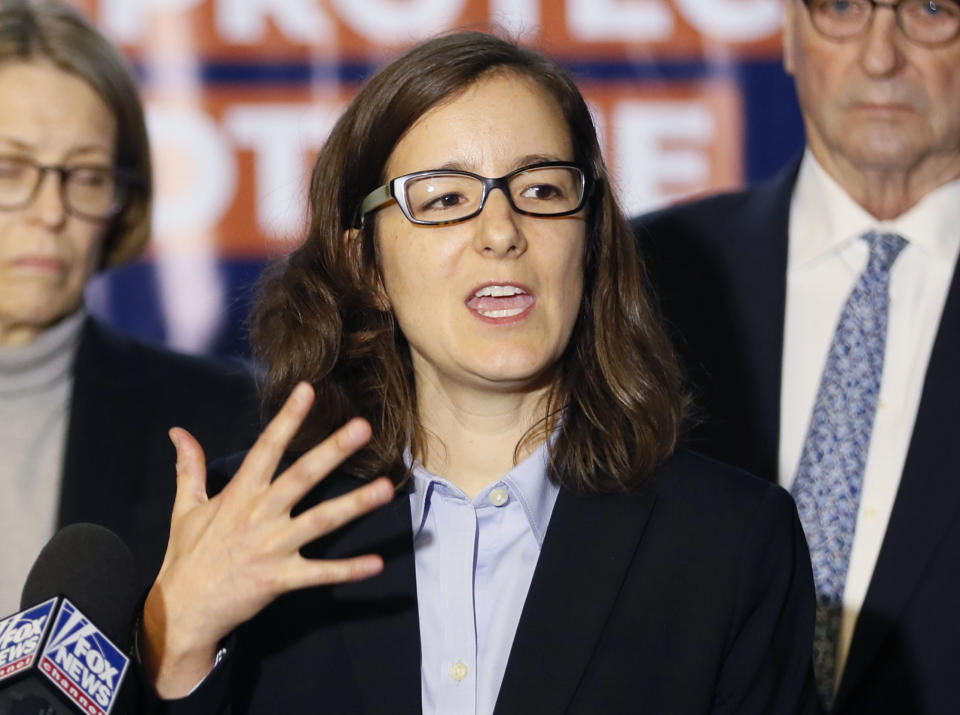 ​FILE - Lauren Groh-Wargo, Stacey Abrams' campaign manager, speaks during a news conference on Nov. 8, 2018, in Atlanta. Fair Fight Action, the political organization led by Democratic titan Abrams, is branching out into paying off medical debts. Fair Fight Action CEO Groh-Wargo on Wednesday, Oct. 27, 2021, told The Associated Press that it is donating $1.34 million from its political action committee to wipe out debt owed by 108,000 people in Georgia, Arizona, Louisiana, Mississippi and Alabama. (Bob Andres/Atlanta Journal-Constitution via AP, File)