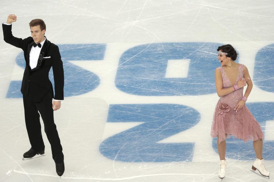 Elena Ilinykh and Nikita Katsalapov of Russia compete in the ice dance short dance figure skating competition at the Iceberg Skating Palace during the 2014 Winter Olympics, Sunday, Feb. 16, 2014, in Sochi, Russia. (AP Photo/Ivan Sekretarev)