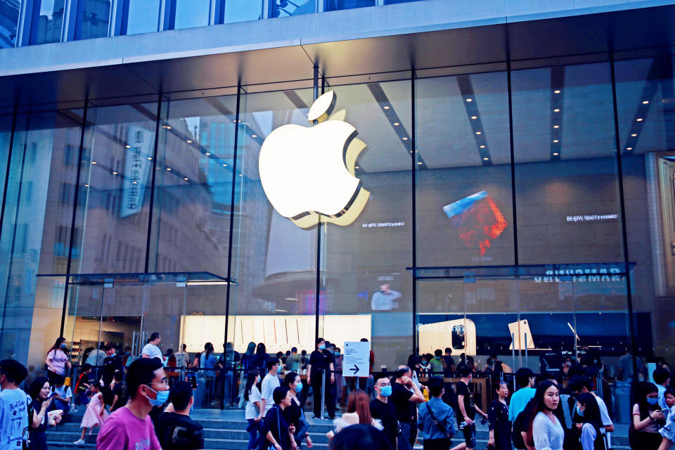 SHANGHAI, CHINA - JUNE 14, 2021 - An iPhone store is seen at nanjing Road Pedestrian Street in Shanghai on June 14, 2021. On August 8, 2021, apple announced another security breach after the Company's Pepeus software hacked into the phone system to monitor users, and its 