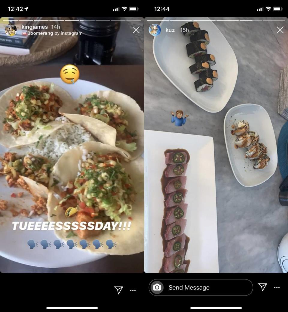 Los Angeles Lakers teammates LeBron James (left) and Kyle Kuzma (right) enjoyed much better meals than their NBA peers inside the bubble. Troy Daniels of the Denver Nuggets and Chris Chiozza of the Brooklyn Nets shared photos of their dinners that appeared to mirror airport food trays. 