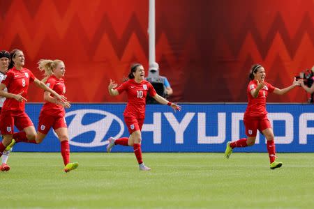 Jul 4, 2015; Edmonton, Alberta, CAN; England midfielder Fara Williams (far right) reacts with teammates after scoring on a penalty kick against Germany in extra time during the third place match of the FIFA 2015 Women's World Cup at Commonwealth Stadium. England defeated Germany 1-0 in extra time. Erich Schlegel-USA TODAY Sports