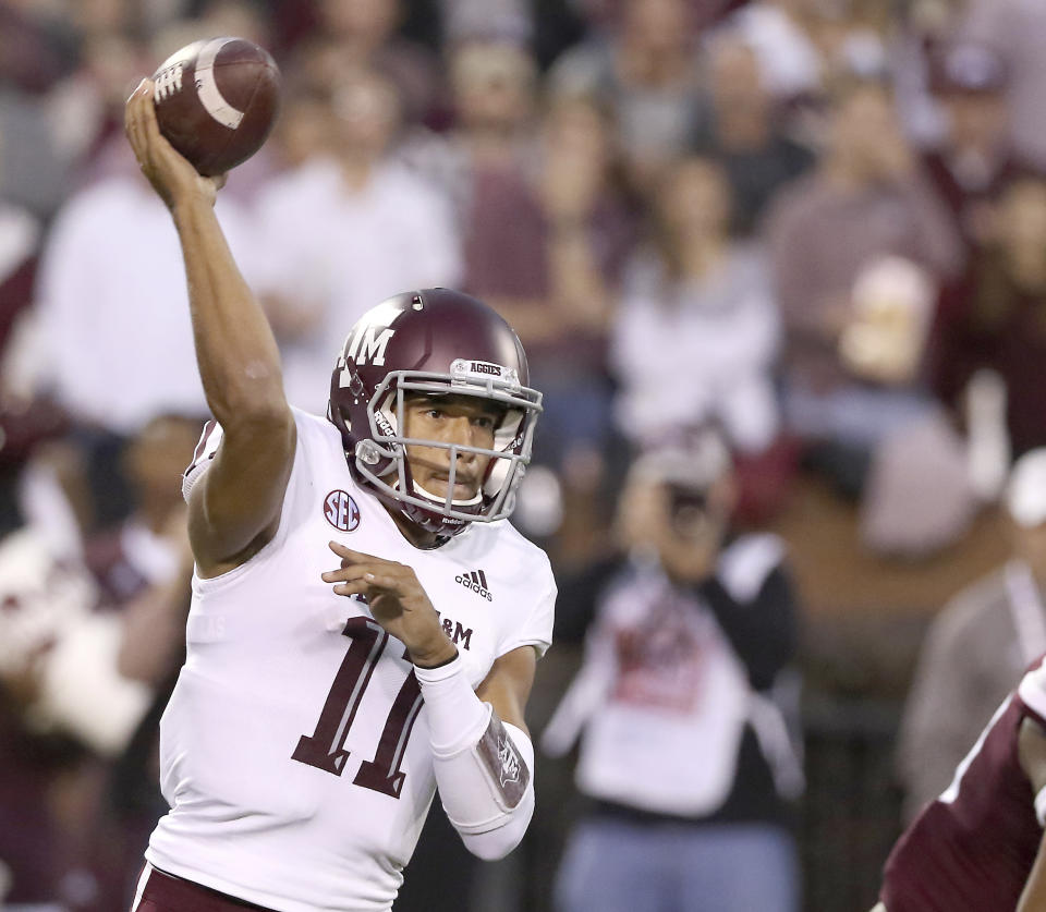 Texas A&M quarterback Kellen Mond (11) throws a pass during the first half of their NCAA college football game against Mississippi State on Saturday, Oct. 27, 2018, in Starkville, Miss. (AP Photo/Jim Lytle)