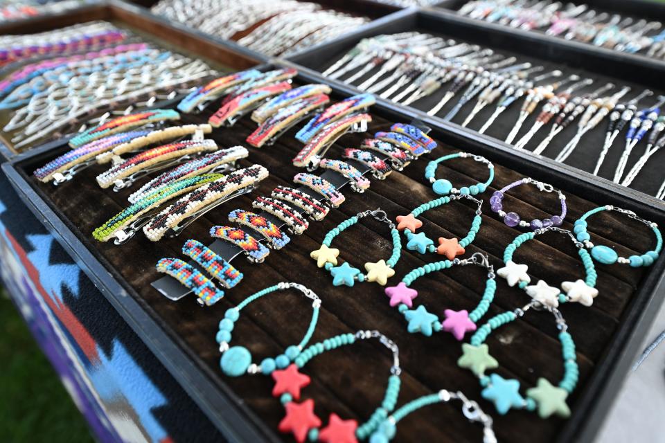 Handmade crafts are out on display at Utah Native Market Days at Thanksgiving Point in Lehi on Friday, Aug. 11, 2023. All proceeds are going to native student scholarships. There was hoop dancing, food and crafts. | Scott G Winterton, Deseret News