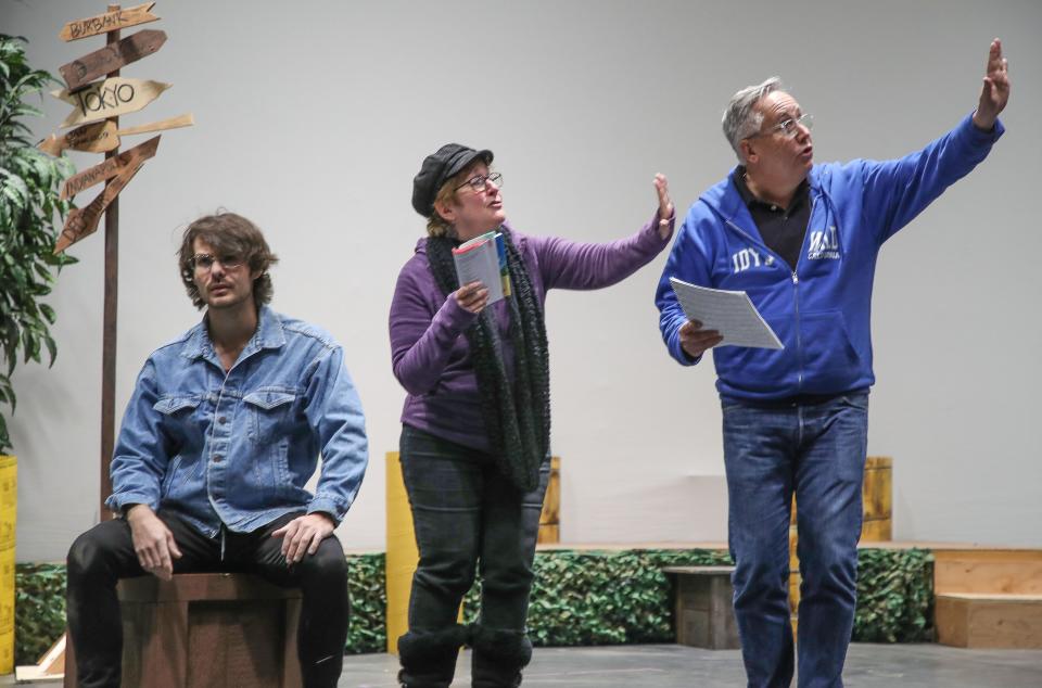 Christian Fonte, seated, rehearses for the Desert Theatricals production of "South Pacific" with Lee Stone, center, and Ray Limon at the Rancho Mirage Amphitheater, Feb. 6, 2023.