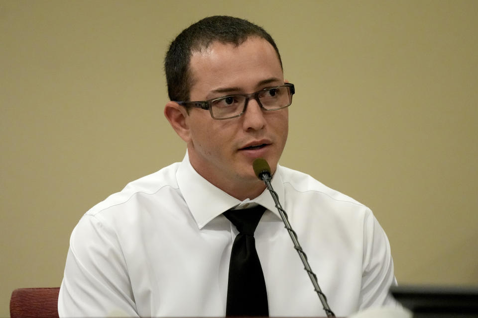 Law enforcement officer Nicholas LeFleur testifies during actor Alec Baldwin's hearing in Santa Fe County District Court, Wednesday, July 10, 2024, in Santa Fe, N.M. Baldwin is facing a single charge of involuntary manslaughter in the death of a cinematographer. (AP Photo/Ross D. Franklin, Pool)