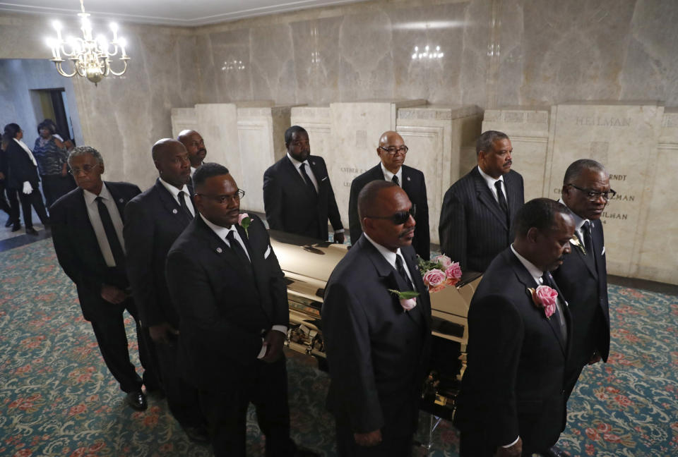 The casket of Aretha Franklin is laid to rest at Woodlawn Cemetery in Detroit, Friday, Aug. 31, 2018. Franklin died Aug. 16, 2018 of pancreatic cancer at the age of 76. (AP Photo/Paul Sancya, Pool)