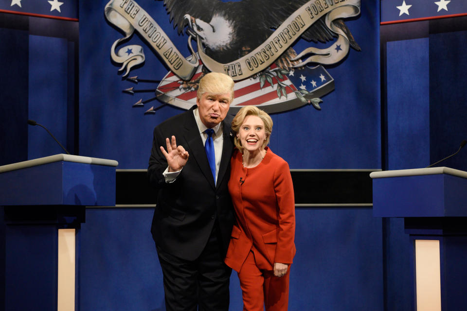 Alec Baldwin as Donald Trump and Kate McKinnon as Hillary Clinton during the "Debate Cold Open" sketch on October 1, 2016.<span class="copyright">Will Heath—NBCU Photo Bank/Getty Images</span>