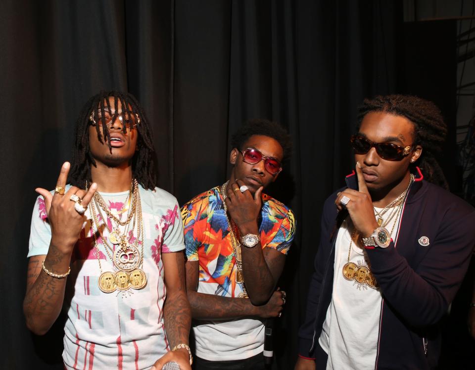 Offset, Quavo, and Takeoff attend 106 & Park at BET studio on June 4, 2014 in New York City.