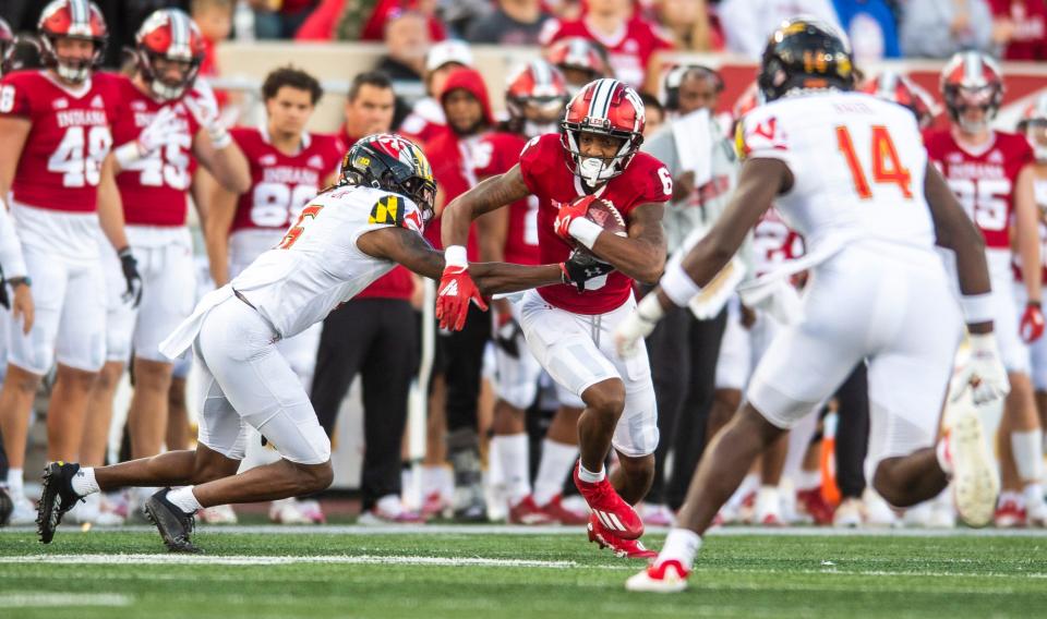 Indiana's Cam Camper (6) runs after the catch during the Indiana versus Maryland football game at Memorial Stadium on Saturday, Oct. 15, 2022.