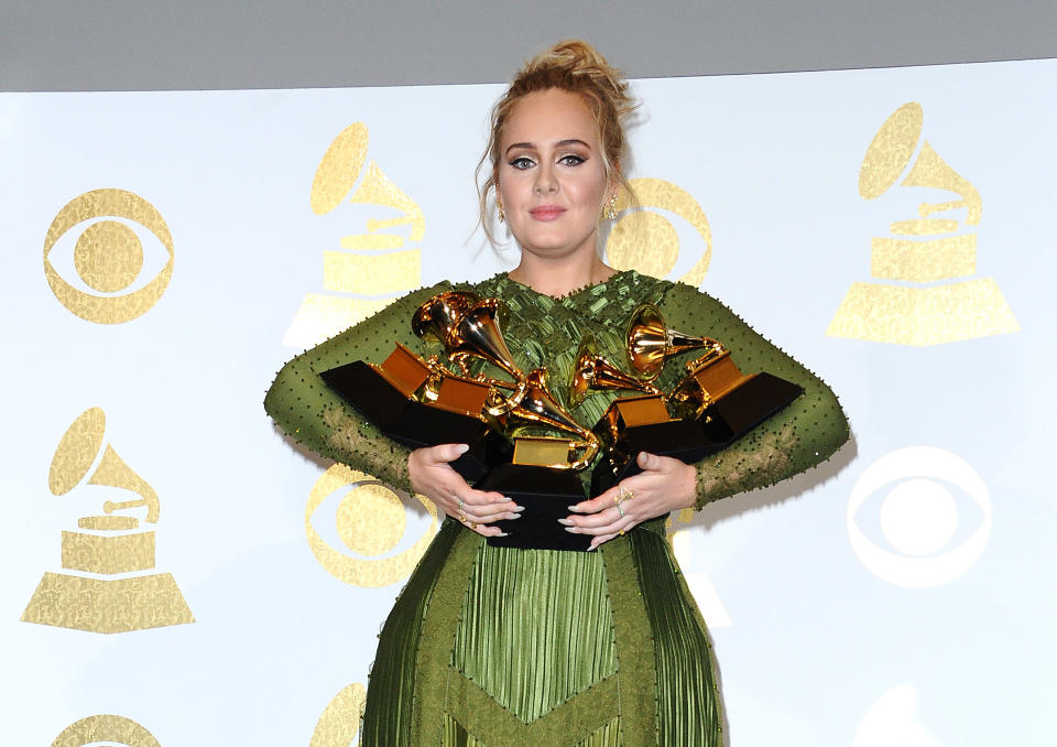 LOS ANGELES, CA - FEBRUARY 12:  Singer Adele poses in the press room at the 59th GRAMMY Awards at Staples Center on February 12, 2017 in Los Angeles, California.  (Photo by Jason LaVeris/FilmMagic)