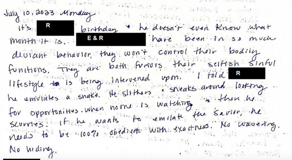 An excerpt from Ruby Franke’s journal, dated 10 July 2023 (Washington County Attorney’s Office)